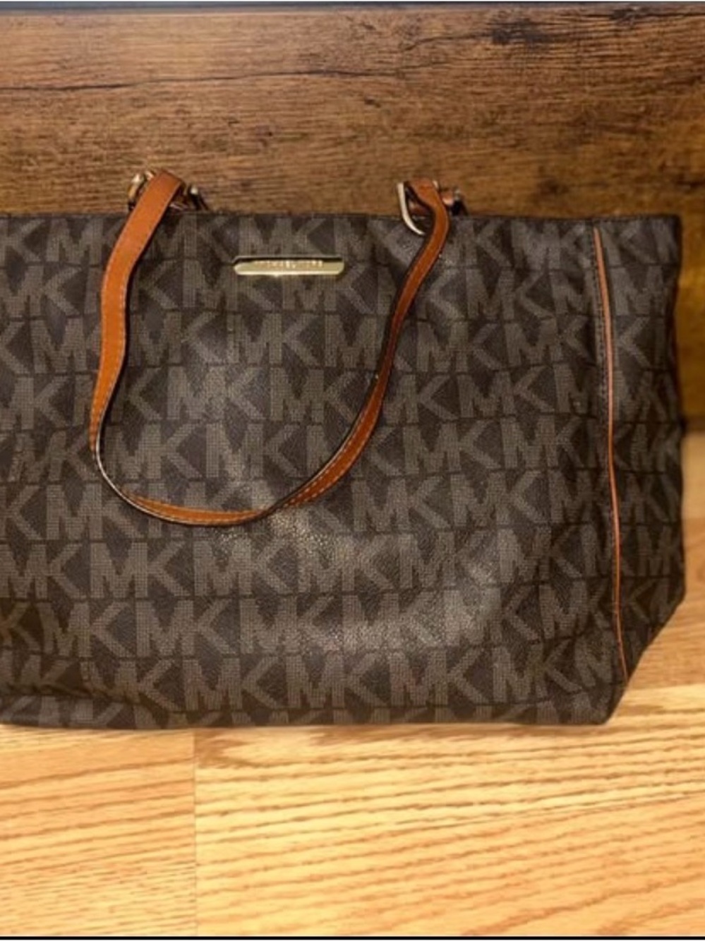 Michael Kors Brown Monogram Tote Bag with Tan Trim